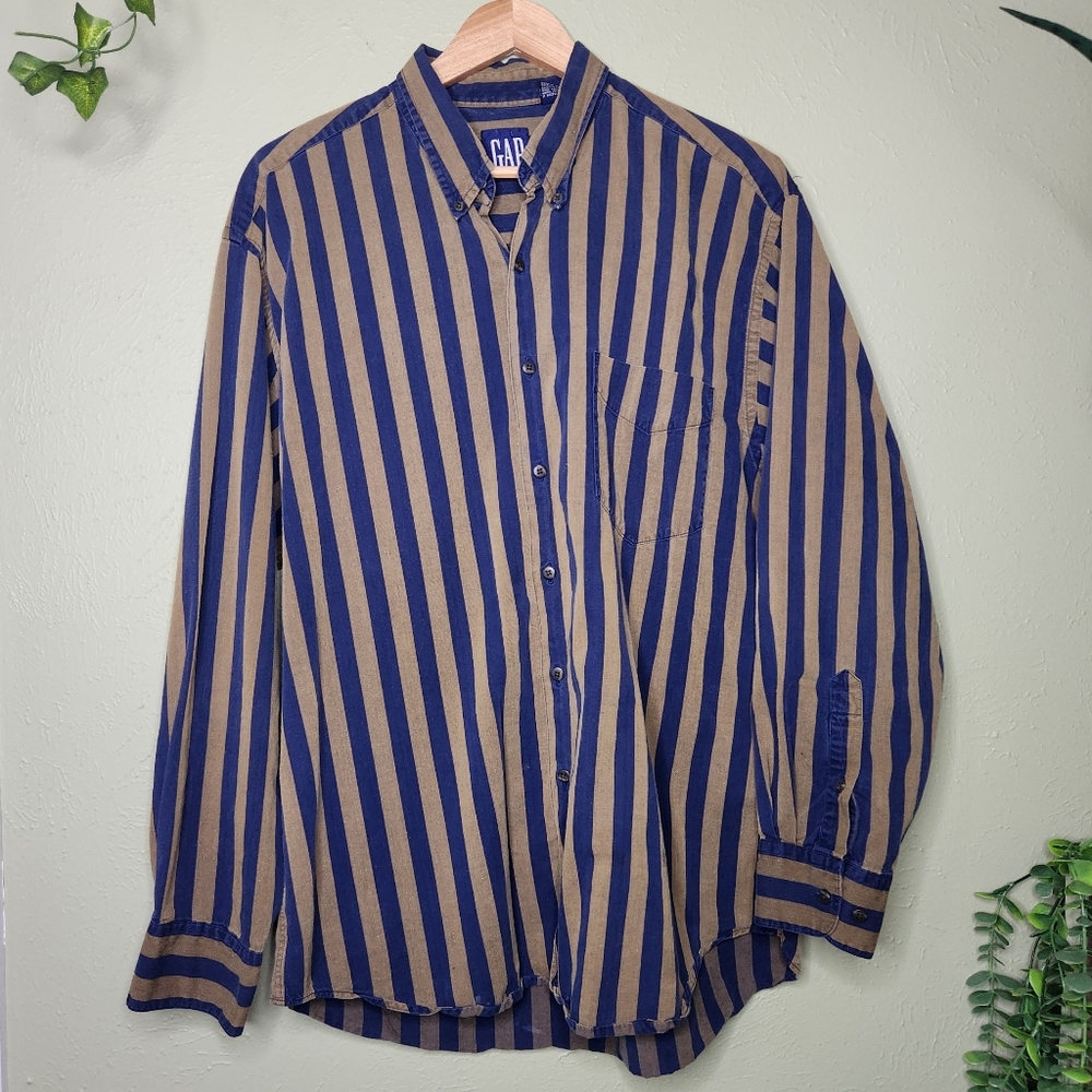 Vintage Old GAP Striped Button Down Shirt 90s Made in Hong Kong Large Preppy